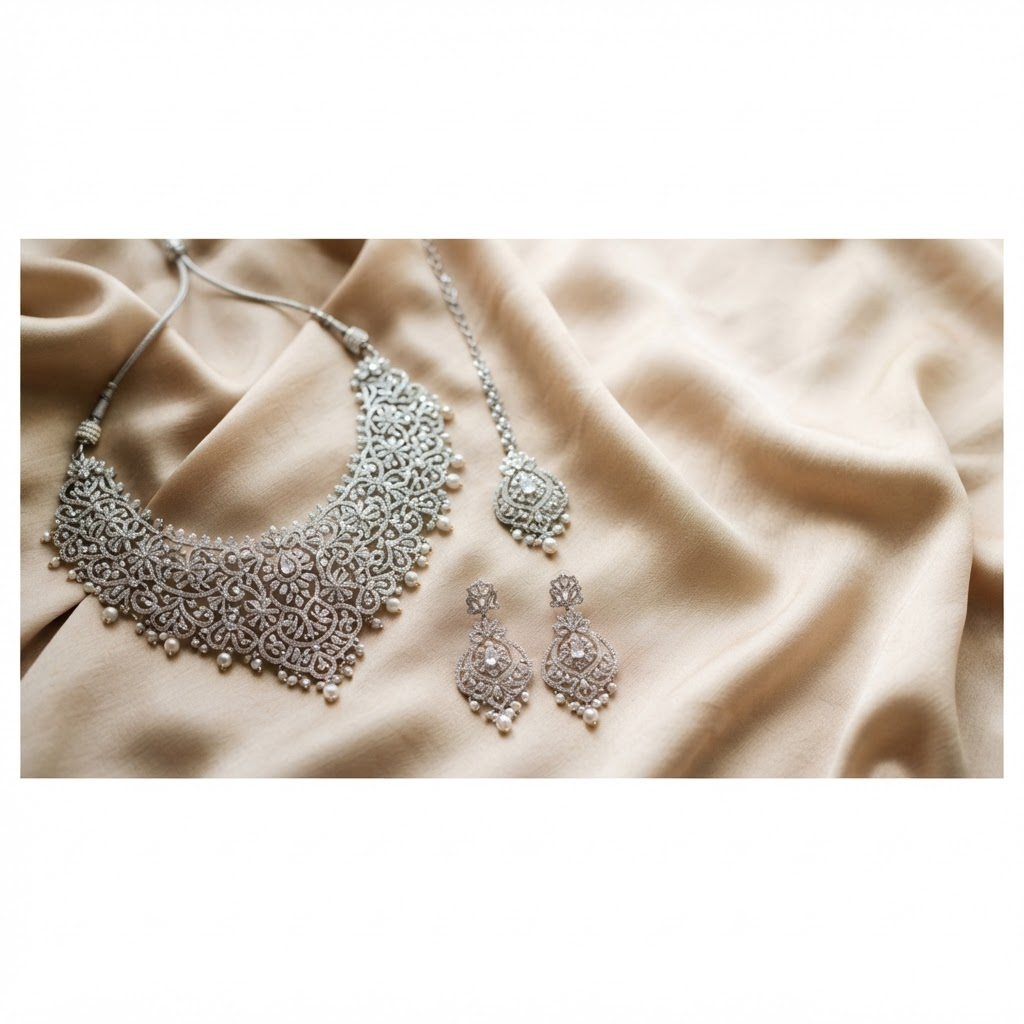 Sterling silver bridal jewellery set on champagne silk