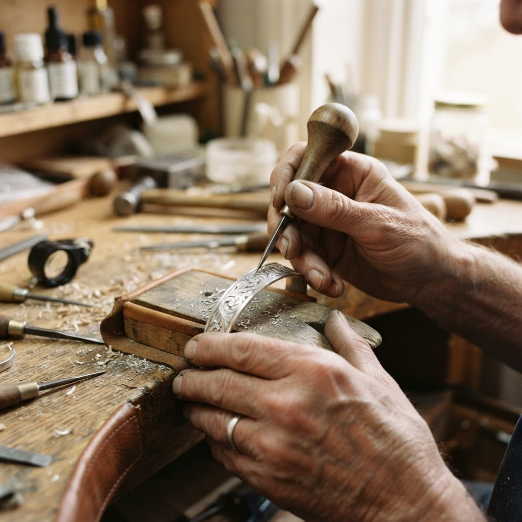 Silversmith engraving a piece of sterling silver jewellery