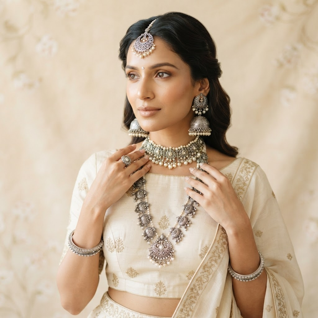 Model wearing handcrafted sterling silver bridal jewellery